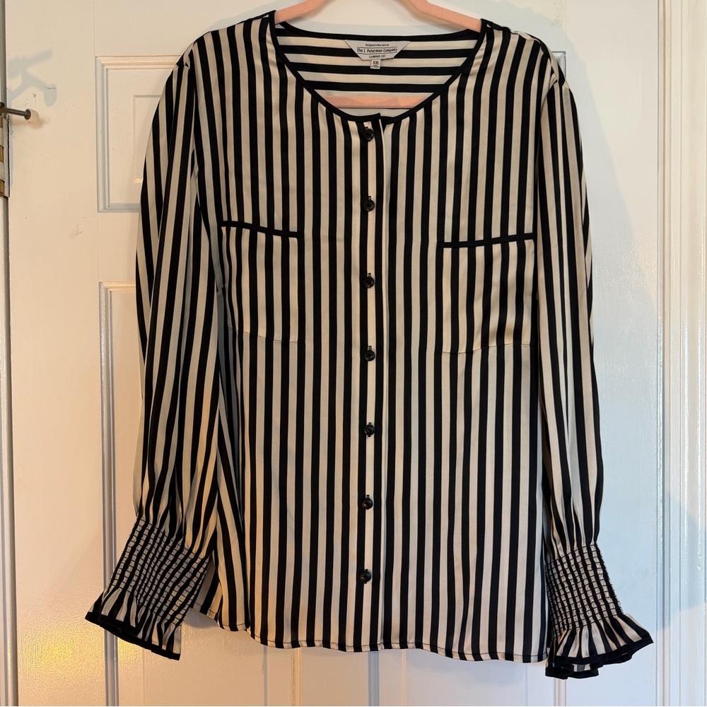 J. Peterman Captivating French Blouse in Black Ivory Size XXL